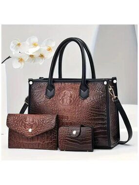 3-IN-1 Large Faux Crocodile  Crossbody Bag with Matching Pouch Set Dark Brown